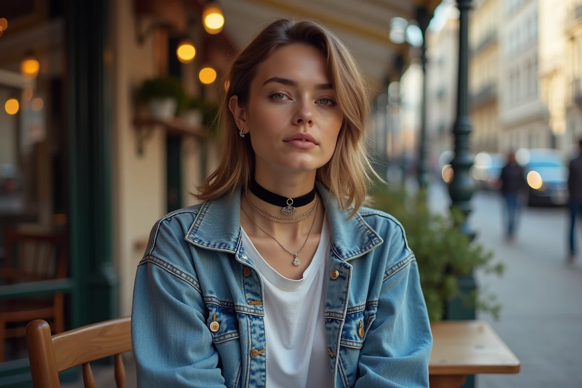 Jeune femme avec collier ras de cou superposé velours et argent, style streetwear urbain en terrasse de café