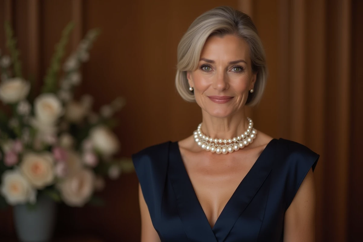 Femme élégante portant un collier ras de cou en perles avec une robe de soirée bleu marine, style sophistiqué