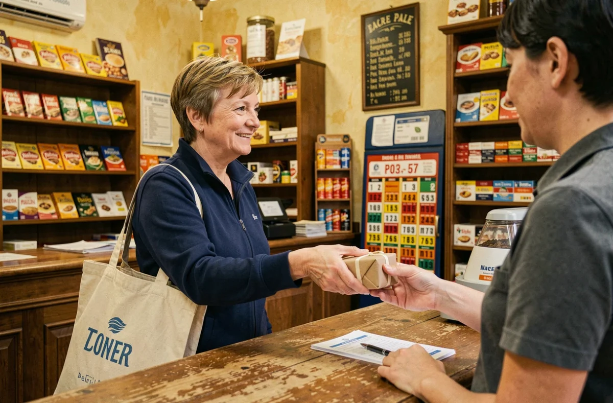 Femme remettant un colis Vinted à un buraliste dans un point relais tabac français