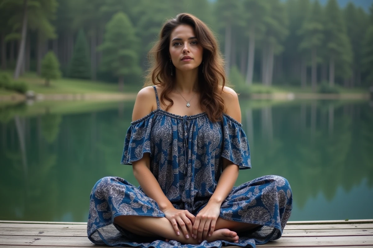 Femme ronde en robe bohème indigo assise sur un ponton en bois au bord d'un lac