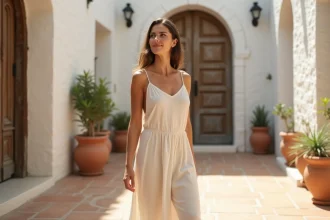 Femme portant une robe fluide en lin beige dans une cour méditerranéenne ensoleillée, idéale pour l'été