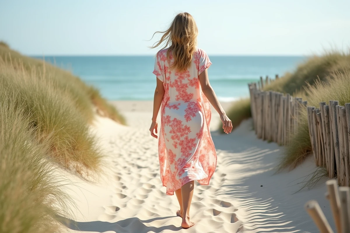 Femme marchant pieds nus sur un chemin de plage en robe fluide en viscose, matière légère et fraîche pour l'été