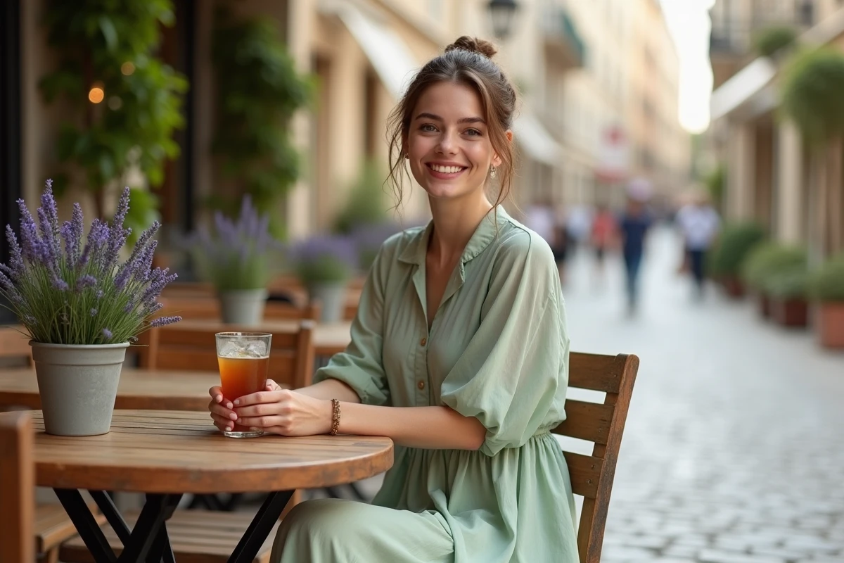 Femme en robe mi-longue en voile de coton vert sauge assise en terrasse de café, style estival décontracté