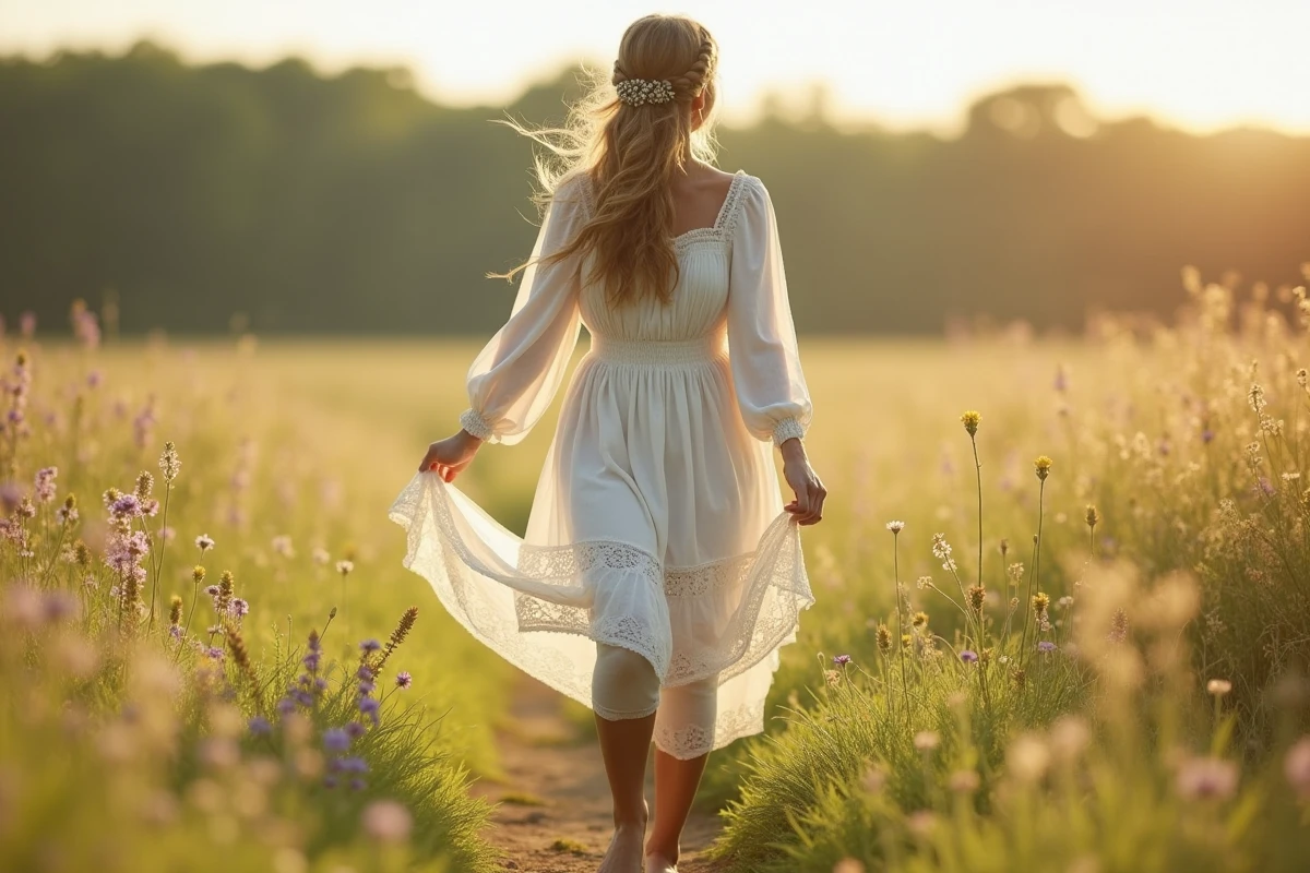 Femme grande taille en robe hippie blanche dentelle marchant dans une prairie fleurie