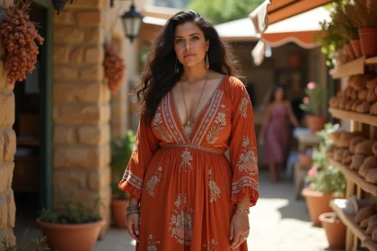 Femme grande taille portant une robe hippie longue à broderies florales dans un marché méditerranéen