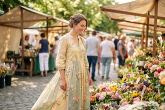 Femme portant une robe longue fleurie dans un marché estival en plein air