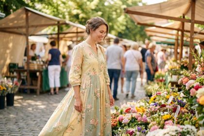 Femme portant une robe longue fleurie dans un marché estival en plein air