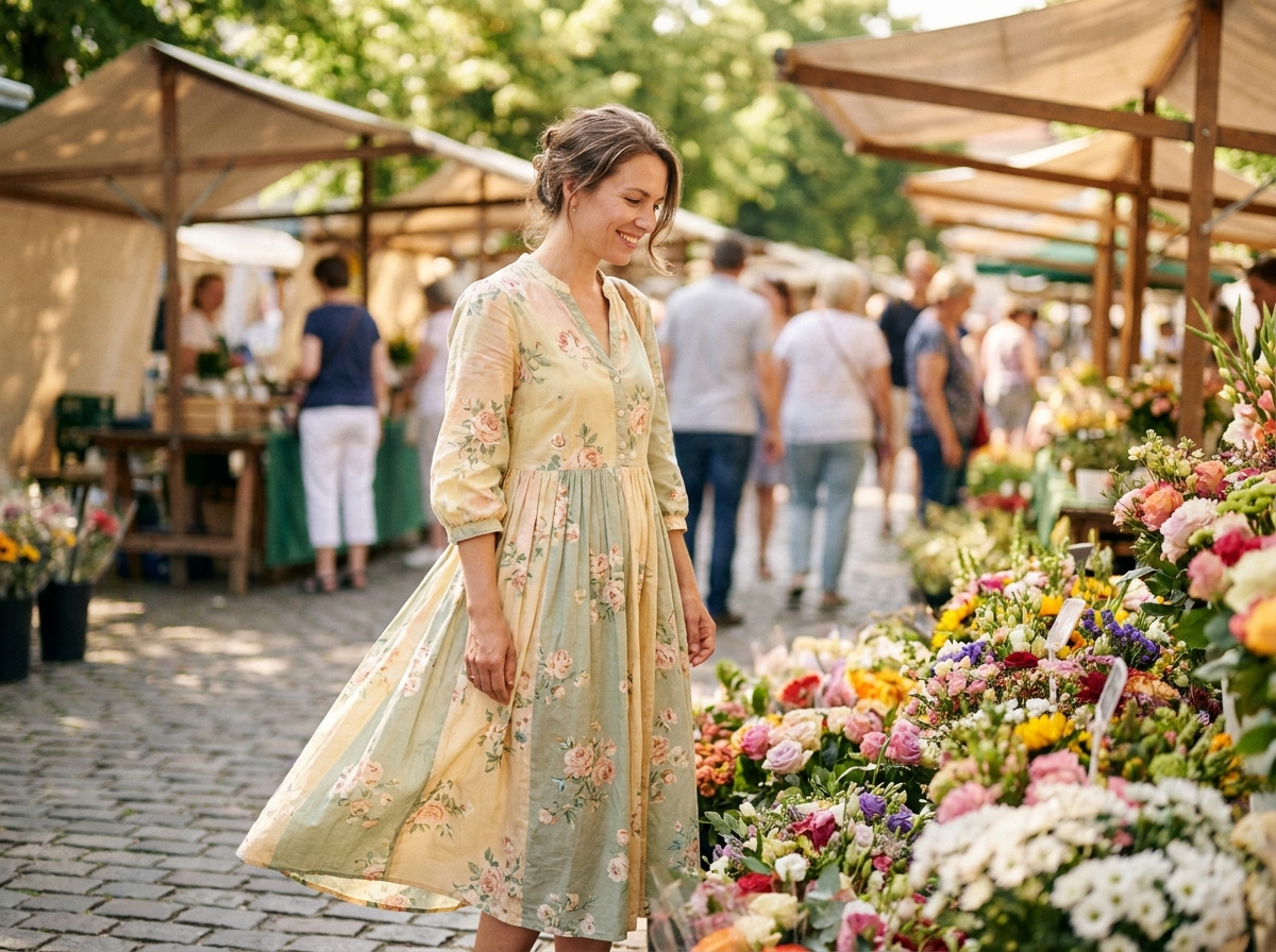 Femme portant une robe longue fleurie dans un marché estival en plein air