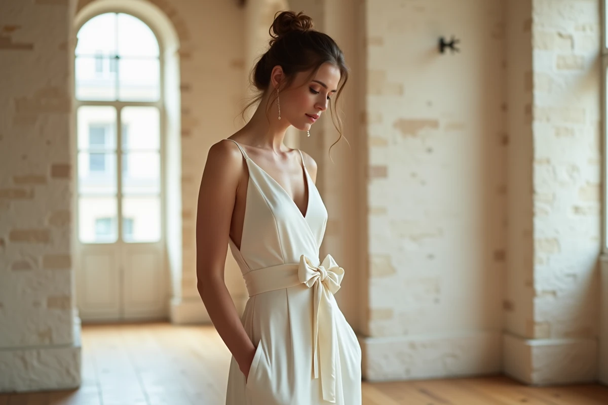 Mariée en robe de satin ivoire avec accessoire nœud en soie détachable dans un atelier parisien