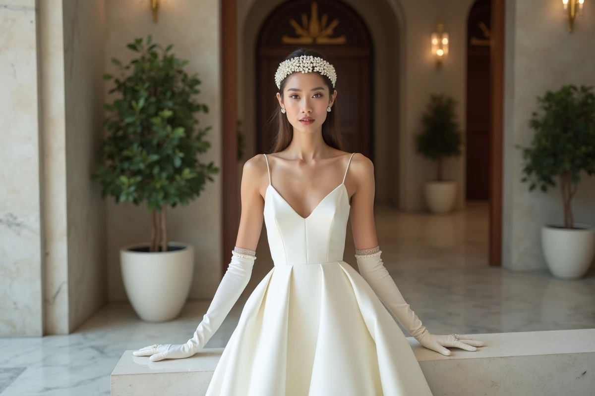Mariée en robe crêpe avec bandeau de perles et gants en soie dans un hôtel de luxe moderne