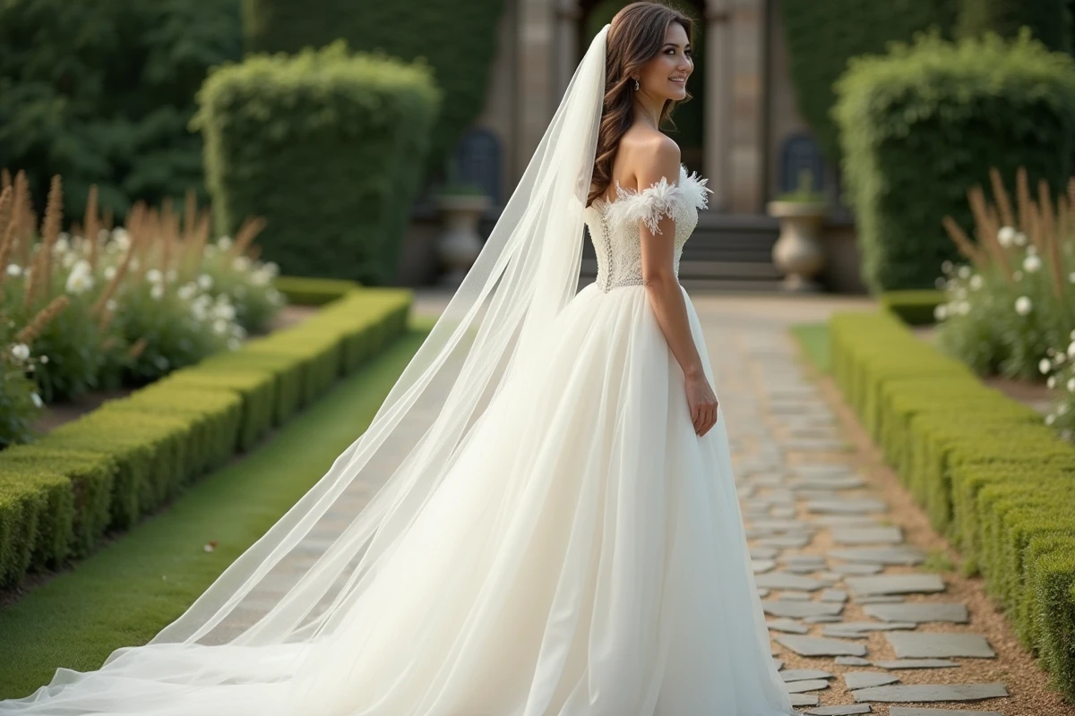 Mariée en robe bustier tulle avec voile cathédrale à bordure florale dans un jardin élégant
