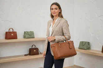 Femme tenant un sac en cuir caramel structuré dans une boutique parisienne minimaliste, illustrant les tendances couleurs de sacs 2026