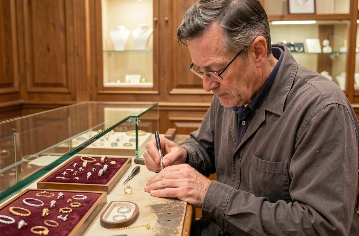 Joaillier artisan Sébastien Joaillier à Valenciennes travaillant minutieusement sur une bague en métal précieux dans son atelier-boutique