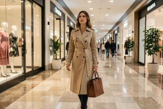 Femme élégante faisant du shopping express dans le couloir principal d'un centre commercial moderne à Montparnasse