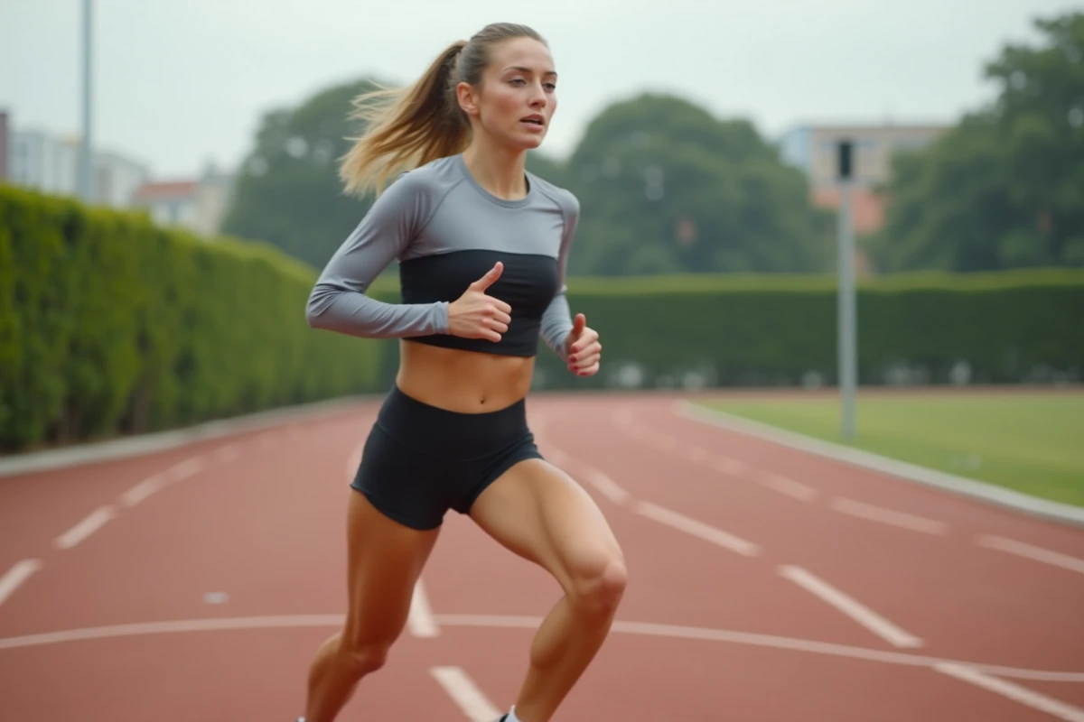 Femme en short Halara courant à vive allure sur une piste d'athlétisme extérieure