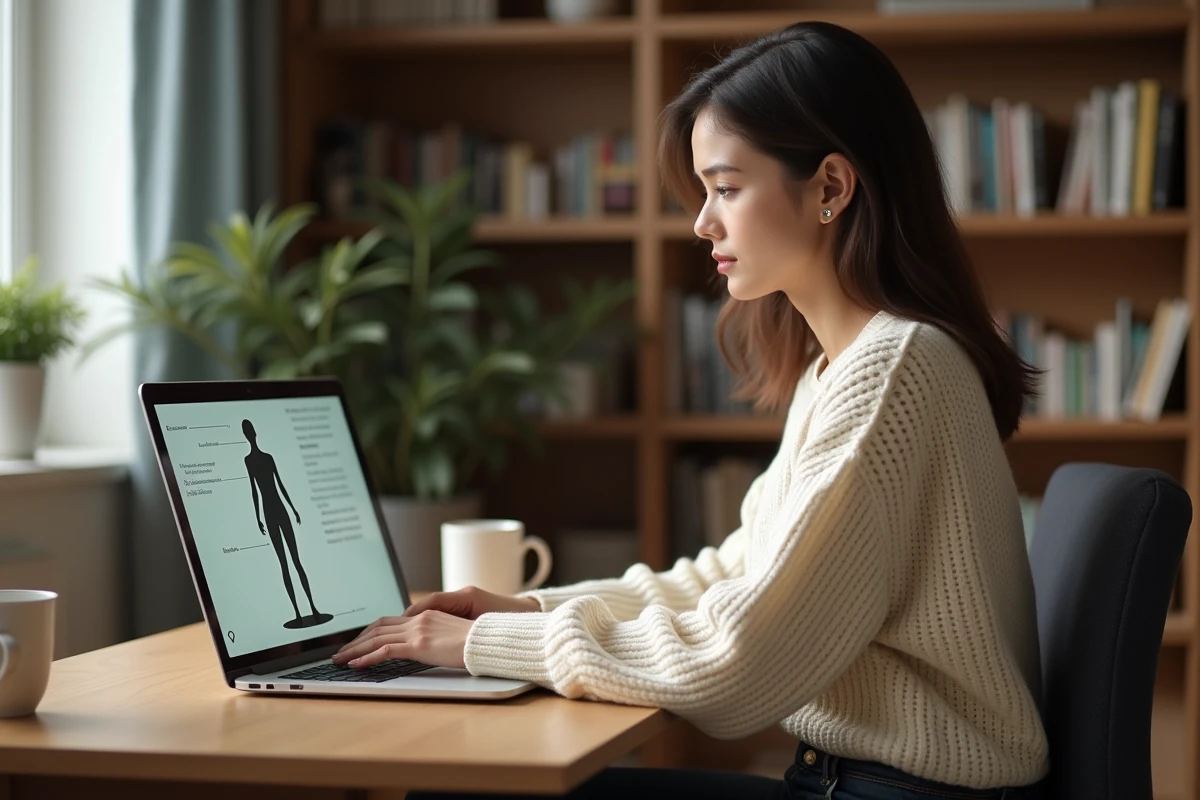 Femme créant sa silhouette virtuelle avec ses mensurations sur un ordinateur portable