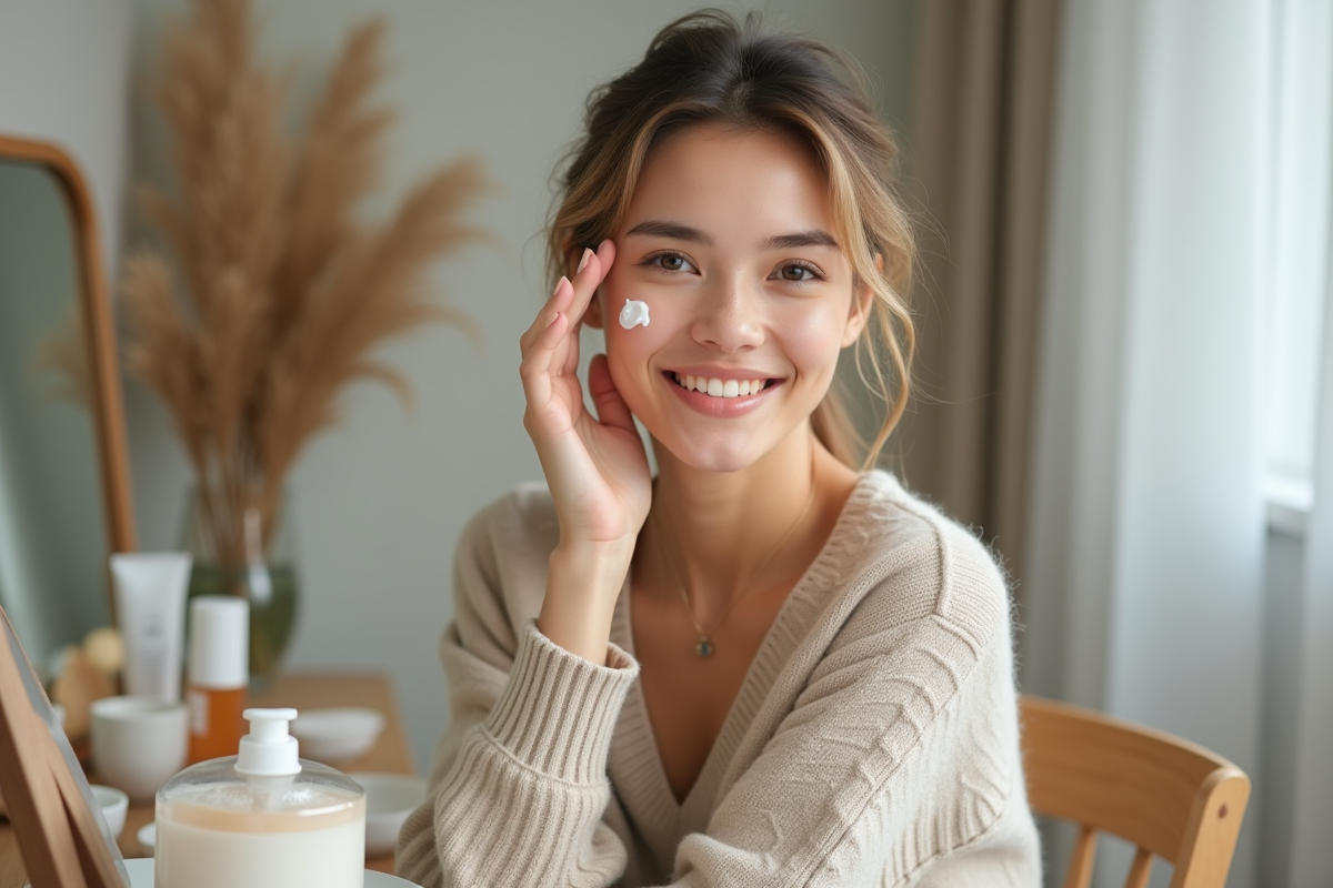 Femme appliquant une creme visage naturelle et hydratante