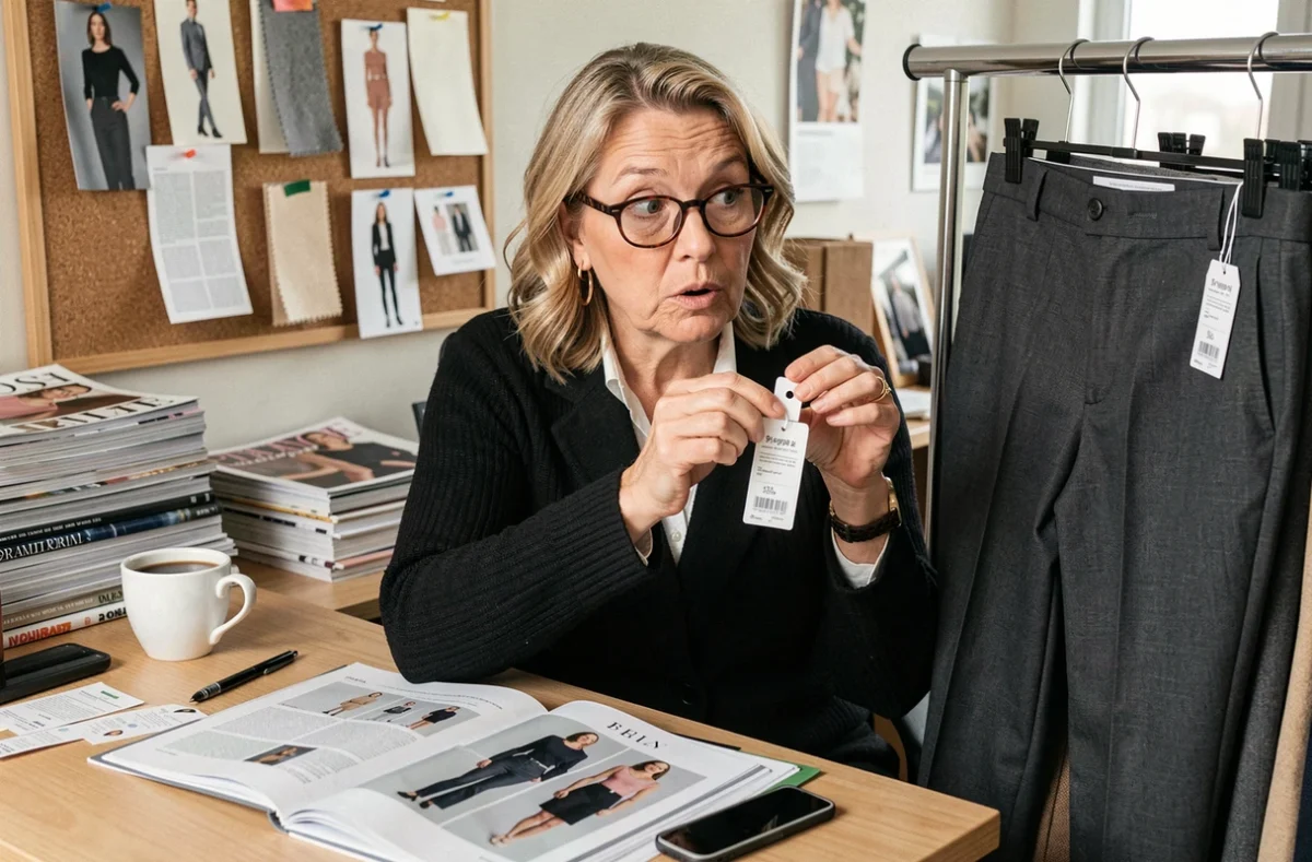 Styliste examinant l'étiquette de prix d'un pantalon de luxe dans un bureau éditorial de mode