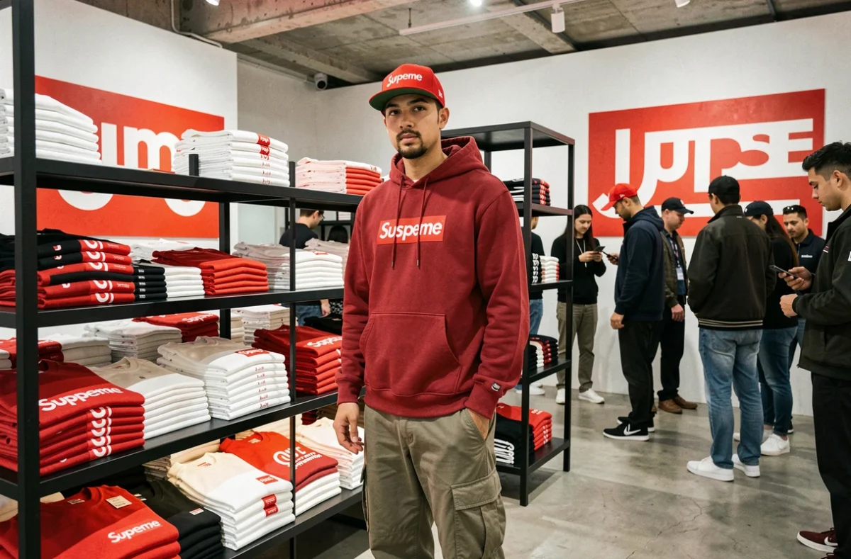 Jeune homme en hoodie Supreme dans le flagship store Supreme Paris, devant des étagères au branding rouge iconique