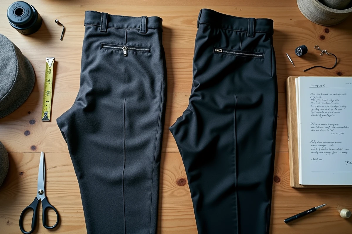 Vue en plongée de deux pantalons homme et femme avec marques de retouche et devis manuscrit sur une table de couturière