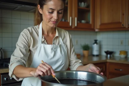 Femme teignant un tissu en coton noir dans une casserole sur une cuisinière à domicile