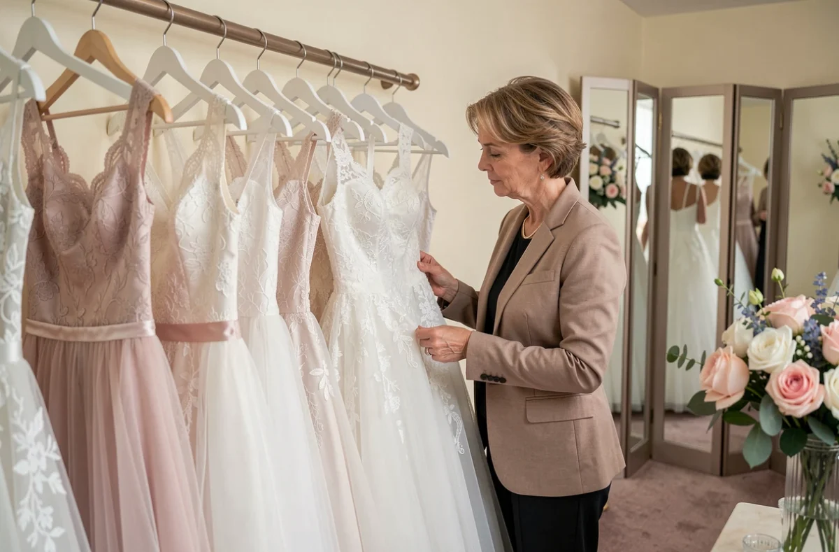 Boutique Tendance Mariage à Lamorlaye avec des robes de mariée et de cérémonie élégantes exposées sur des cintres satiné