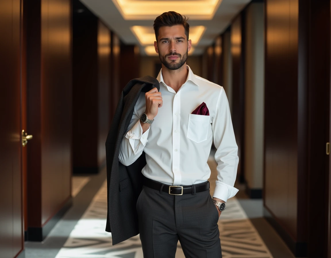 Homme en chemise blanche et pantalon anthracite transform&eacute; par des accessoires &eacute;l&eacute;gants pour le Nouvel An