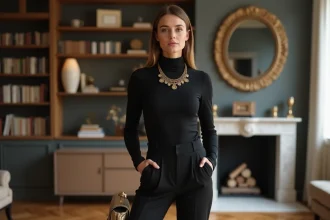Femme en tenue noire basique transformée par des accessoires dorés pour le Nouvel An dans un appartement parisien
