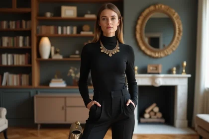 Femme en tenue noire basique transform&eacute;e par des accessoires dor&eacute;s pour le Nouvel An dans un appartement parisien
