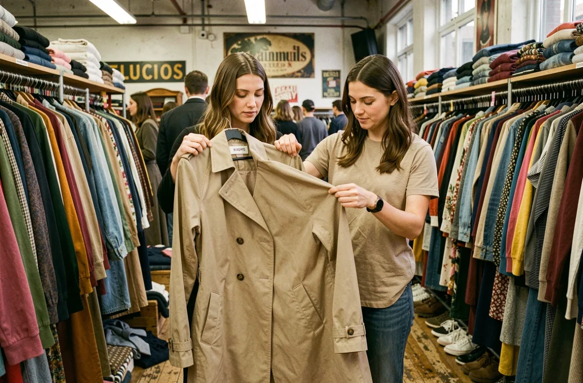 Deux femmes testant la densité et la texture du tissu d'un trench-coat beige dans une friperie urbaine animée pour évaluer la qualité d'un vêtement sans marque reconnue