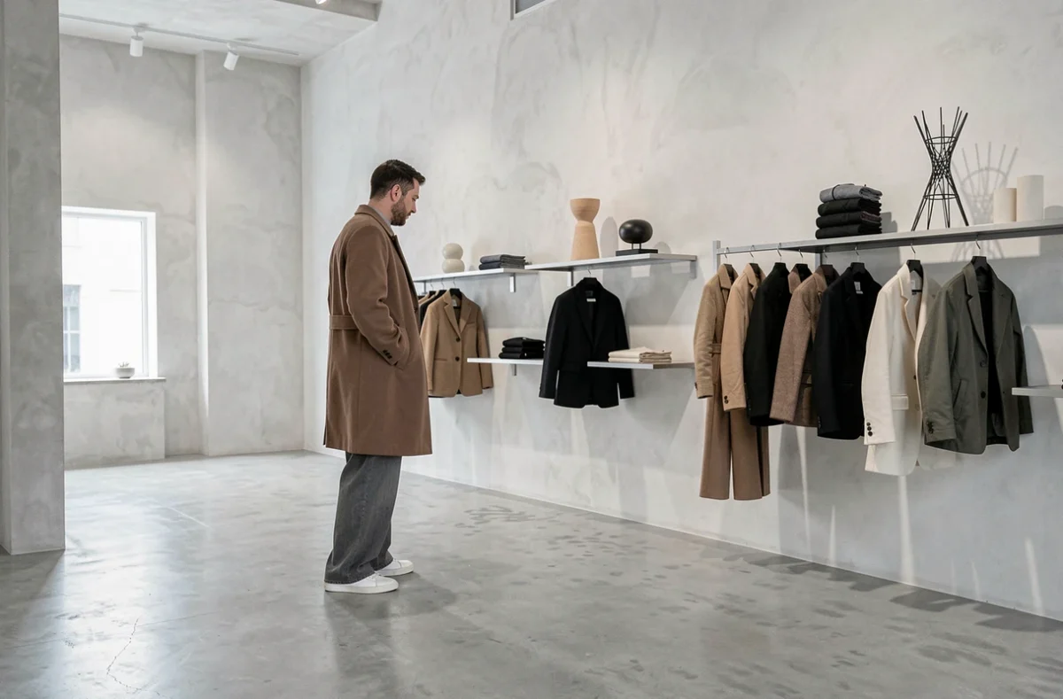 Client masculin en manteau oversize dans l'espace épuré et minimaliste de The Broken Arm, concept store dans le haut Marais
