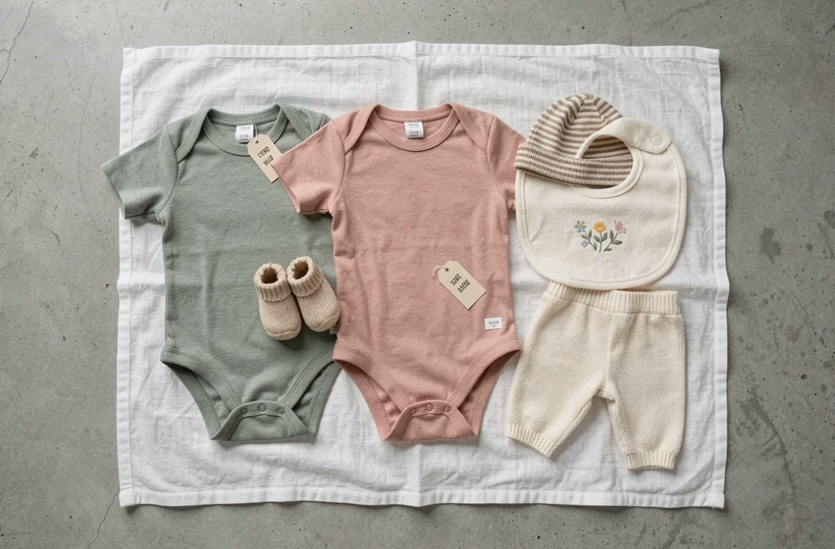 Flat lay du trousseau complet pour nouveau-né avec bodys, chaussons et bonnets en coton pastel posés sur une couverture blanche