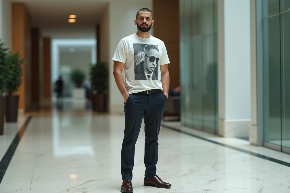 Homme en t-shirt Drake trop petit associé à un pantalon de costume, erreur de style à éviter au bureau