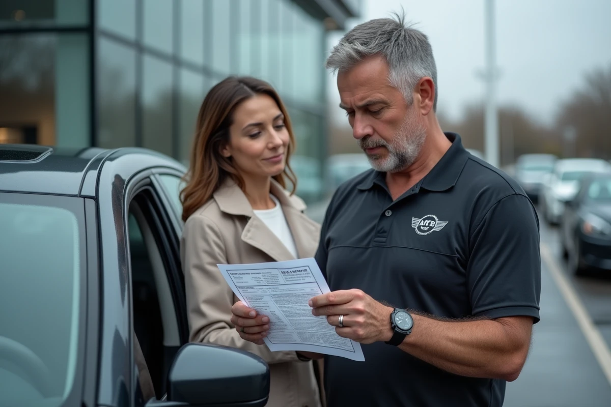 Vendeur automobile expliquant un document véhicule sonstige marque à une cliente dans un parc automobile