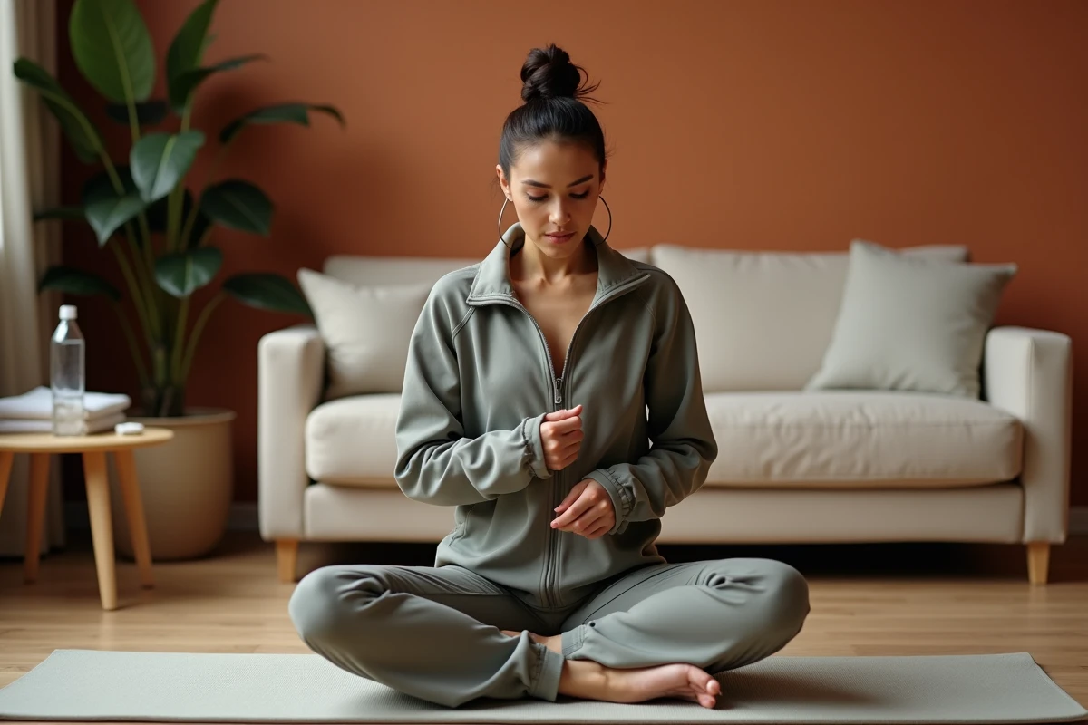 Femme évaluant la qualité d'une veste de sport Halara assise en tailleur sur un tapis de yoga à la maison