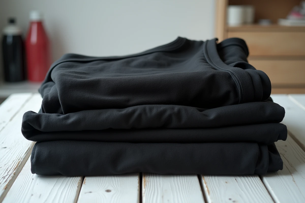 Vêtements teints en noir disposés à plat, coton polyester et mélanges comparés