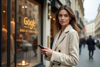 Femme élégante à Paris tenant un smartphone affichant une vitrine digitale de luxe devant une façade haussmannienne