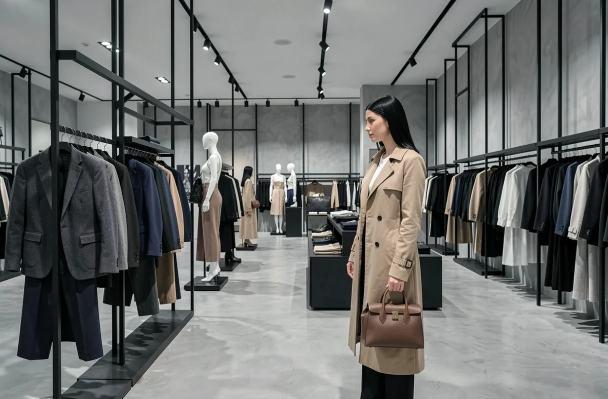 Intérieur élégant du magasin Zara au centre commercial Rosny 2 avec une cliente en imperméable beige